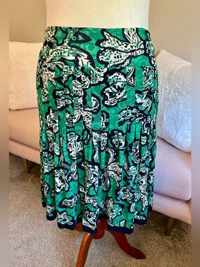 Oscar De La Renta Designer Pleated Skirt Green & Black Abstract Floral Women’s L